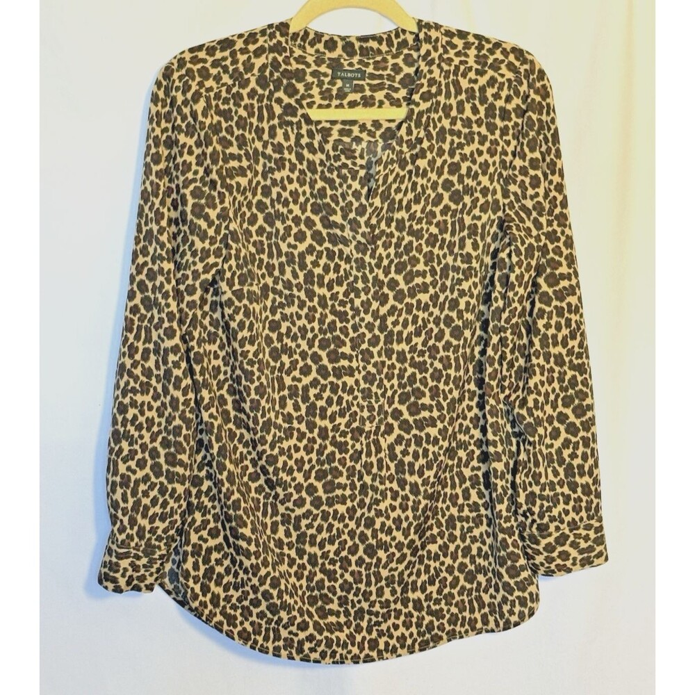 Talbots Cheetah Print Blouse Top Split Neck Long Sleeve Size Medium